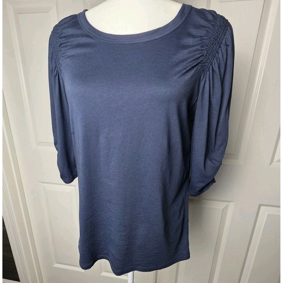Veronica Beard Jeans Shirt M Puff Sleeve Jessa Top Ruched Tee Navy Blue Top - Picture 2 of 9